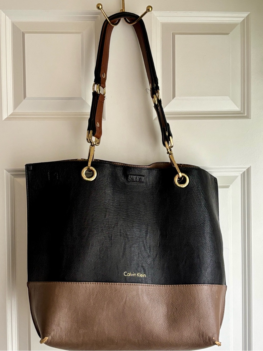 Calvin Klein Black and Brown Leather-Effect Two-Tone Tote